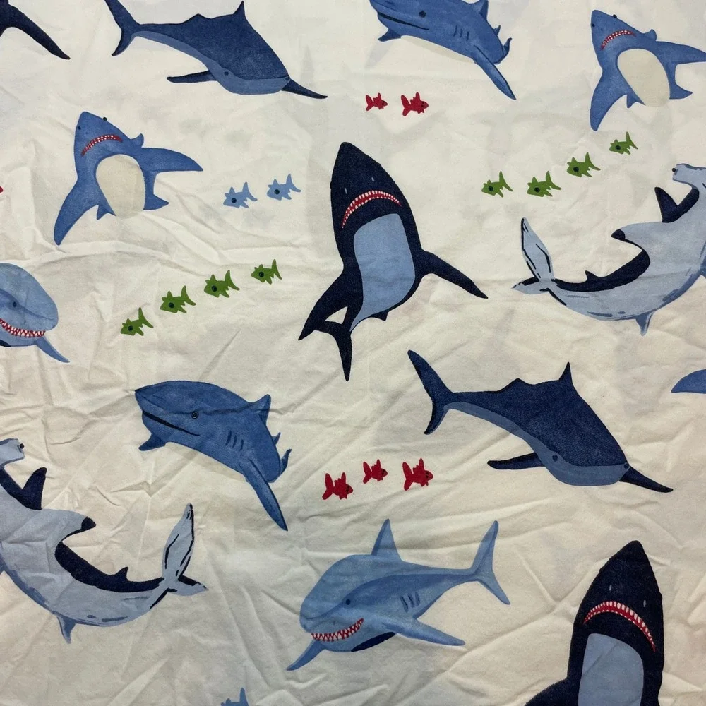 Pottery Barn Kids Shark Bite Flat Sheet Size Twin White Nautical Ocean Bedding
